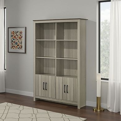 Nena Bookcase with 6 Shelves and 4 Cabinet Doors, Gray Wood 71 Inch