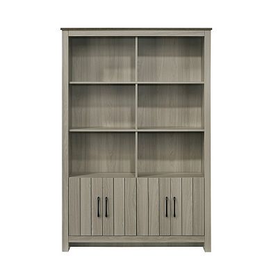 Nena Bookcase with 6 Shelves and 4 Cabinet Doors, Gray Wood 71 Inch