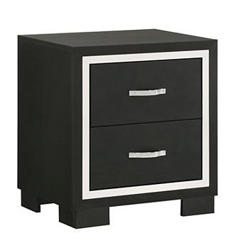 Geny Nightstand, 2 Drawers, Silver Trim and Metal Handles, Black Wood