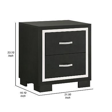Geny Nightstand, 2 Drawers, Silver Trim and Metal Handles, Black Wood