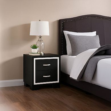 Geny Nightstand, 2 Drawers, Silver Trim and Metal Handles, Black Wood