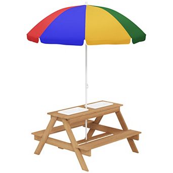 Qaba Kids Picnic Table, Wooden Outdoor Table & Bench Set with Umbrella