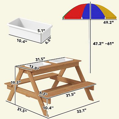 Qaba Kids Picnic Table, Wooden Outdoor Table & Bench Set with Umbrella