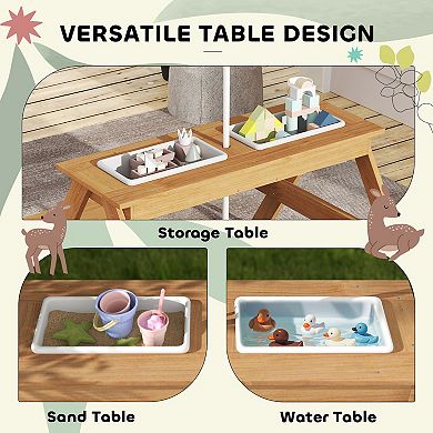 Qaba Kids Picnic Table, Wooden Outdoor Table & Bench Set with Umbrella