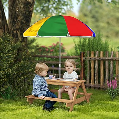 Qaba Kids Picnic Table, Wooden Outdoor Table & Bench Set with Umbrella