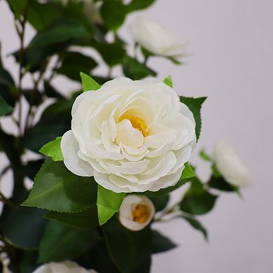 2-Pack Artificial Camellia Tree in Cement Pot, Faux Flowering Plants for Indoor & Outdoor Decor