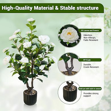 2-Pack Artificial Camellia Tree in Cement Pot, Faux Flowering Plants for Indoor & Outdoor Decor