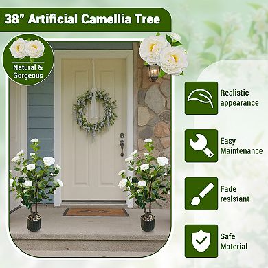 2-Pack Artificial Camellia Tree in Cement Pot, Faux Flowering Plants for Indoor & Outdoor Decor
