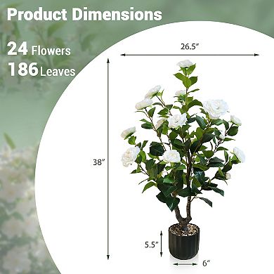 2-Pack Artificial Camellia Tree in Cement Pot, Faux Flowering Plants for Indoor & Outdoor Decor