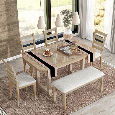 Whisen 6-Piece Dining Table Set with Beautiful Wood Grain Pattern Tabletop, 4 Chairs and 1 Bench