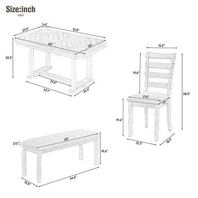 Whisen 6-Piece Dining Table Set with Beautiful Wood Grain Pattern Tabletop, 4 Chairs and 1 Bench