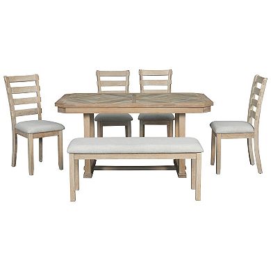 Whisen 6-Piece Dining Table Set with Beautiful Wood Grain Pattern Tabletop, 4 Chairs and 1 Bench
