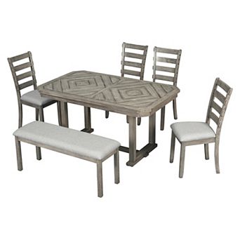 Whisen 6 pc Dining Table Set with Beautiful Wood Grain Pattern Tabletop, 4 Chairs and 1 Bench