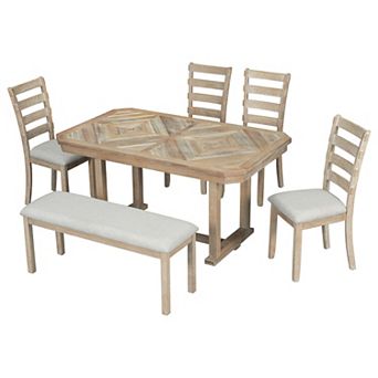 Whisen 6 pc Dining Table Set with Beautiful Wood Grain Pattern Tabletop, 4 Chairs and 1 Bench