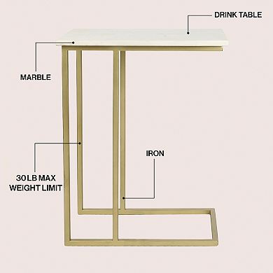 Caius 24.25" Designer Industrial Metal C-Shaped End Table and Side Couch Table with White Marble Top
