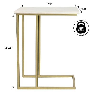 Caius 24.25" Designer Industrial Metal C-Shaped End Table and Side Couch Table with White Marble Top