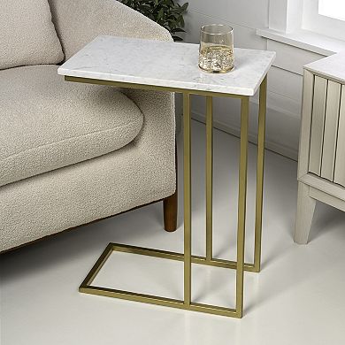 Caius 24.25" Designer Industrial Metal C-Shaped End Table and Side Couch Table with White Marble Top