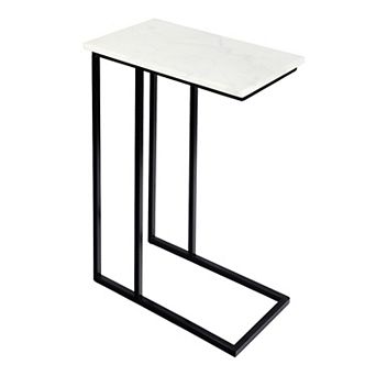 Caius 24.25" Designer Industrial Metal C-Shaped End Table and Side Couch Table with White Marble Top