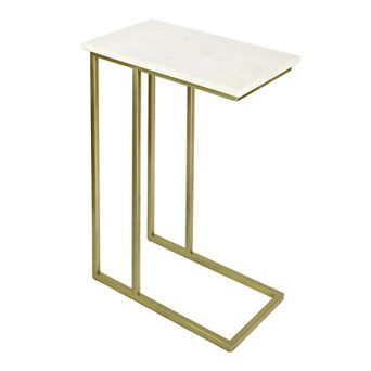 Caius 24.25" Designer Industrial Metal C-Shaped End Table and Side Couch Table with White Marble Top