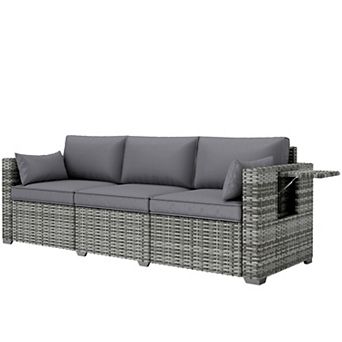 Outsunny 3-Seat Wicker Sofa w/ Side Trays, Outdoor Patio Couch