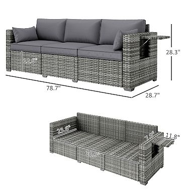Outsunny 3-Seat Wicker Sofa w/ Side Trays, Outdoor Patio Couch