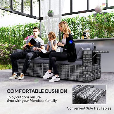 Outsunny 3-Seat Wicker Sofa w/ Side Trays, Outdoor Patio Couch