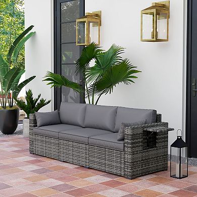 Outsunny 3-Seat Wicker Sofa w/ Side Trays, Outdoor Patio Couch