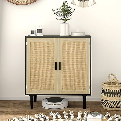 HOMCOM Bohemian Sideboard with 2 Rattan Doors and Shelves