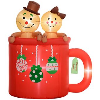 LOVMOR Outsunny 6ft Christmas Inflatable Couple Gingerbread Man Hot Cocoa Mug LED Decor