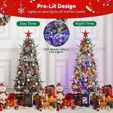 Prelit Artificial Christmas Tree, 4.5ft Frost Tree, Dual Color 8 Modes, 150LED Lights with Elk Box