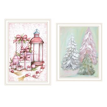 LOVMOR Decor 4U 2 pc Pink Candy Land Christmas Trees White Framed Wall Art Mary June