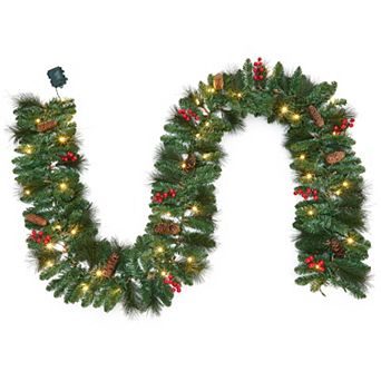 9Ft Pre-Lit Artificial Christmas Garland with Pine Cones, Berries, 8 Modes 20 LED Lights