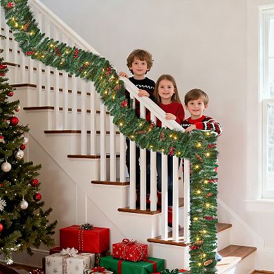 9Ft Pre-Lit Artificial Christmas Garland with Pine Cones, Berries, 8 Modes 20 LED Lights