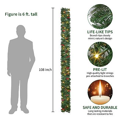 9Ft Pre-Lit Artificial Christmas Garland with Pine Cones, Berries, 8 Modes 20 LED Lights