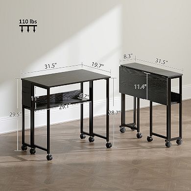 HOMCOM Small Folding Desk Foldable Computer Desk with Shelf Wheels