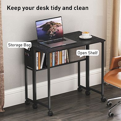 HOMCOM Small Folding Desk Foldable Computer Desk with Shelf Wheels