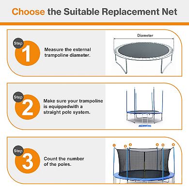 Aoodor Trampoline Replacement Net for 8/12 FT Round Frame with Zipper, Hooks, Pole Cover