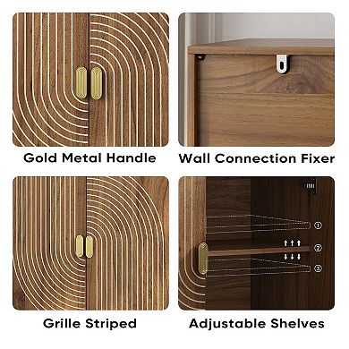 Walnut Wood Buffet Cabinet with Line Groove Design