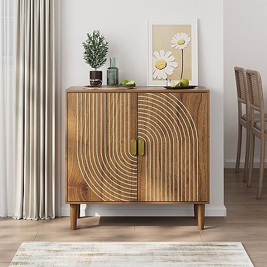 Walnut Wood Buffet Cabinet with Line Groove Design