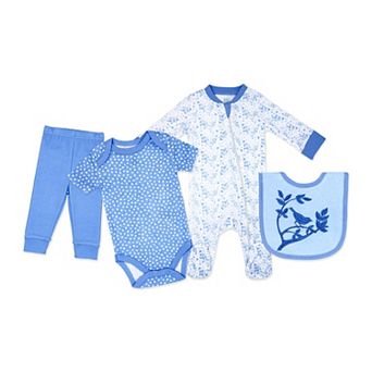 Baby Girls Floral Bluebird 4 pc Bodysuit, Pants, Sleeper, and Bib Set