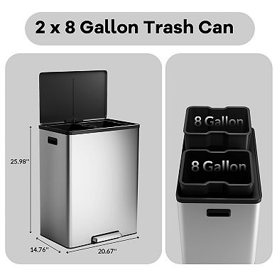 2-Pack 8 Gallon Stainless Steel Pedal Recycle Bins with Lids and Removable Inner Buckets​