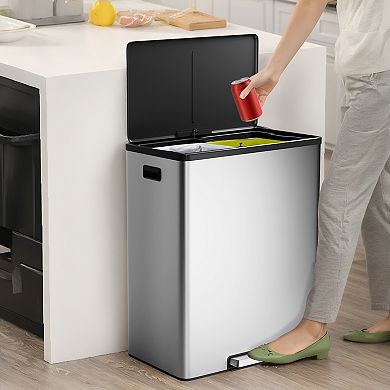 2-Pack 8 Gallon Stainless Steel Pedal Recycle Bins with Lids and Removable Inner Buckets​