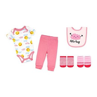 Baby Girls Hugs 5 pc Bodysuit, Pants, Bib, and Socks Set