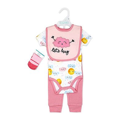 Baby Girls Hugs 5-piece Bodysuit, Pants, Bib, and Socks Set