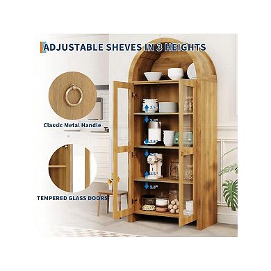 70In Tall Arched Kitchen Pantry Cabinet With Acrylic Doors - 5-Tier Wooden Storage Cabinet