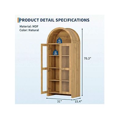 70In Tall Arched Kitchen Pantry Cabinet With Acrylic Doors - 5-Tier Wooden Storage Cabinet
