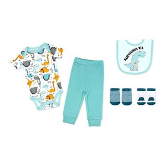 Baby Boys Dino 5 pc Bodysuit, Pants, Bib, and Socks Set