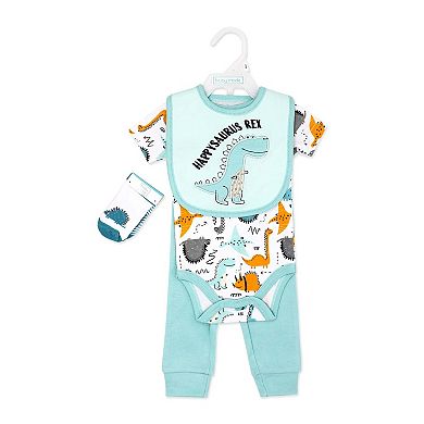 Baby Boys Dino 5 Piece Bodysuit, Pants, Bib, and Socks Set