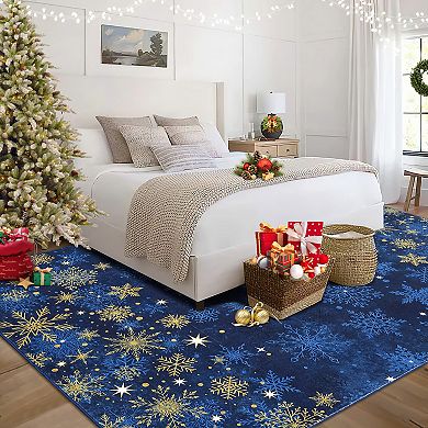 Christmas Snowflake Area Rug Non Slip Entryway Washable Living Room Carpet Low Pile Mat for Indoor