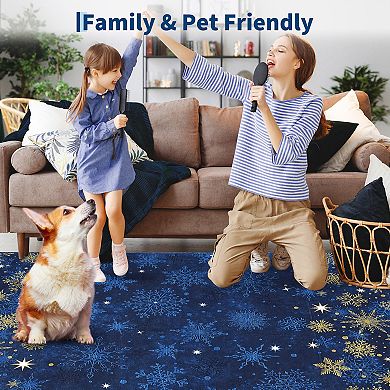 Christmas Snowflake Area Rug Non Slip Entryway Washable Living Room Carpet Low Pile Mat for Indoor
